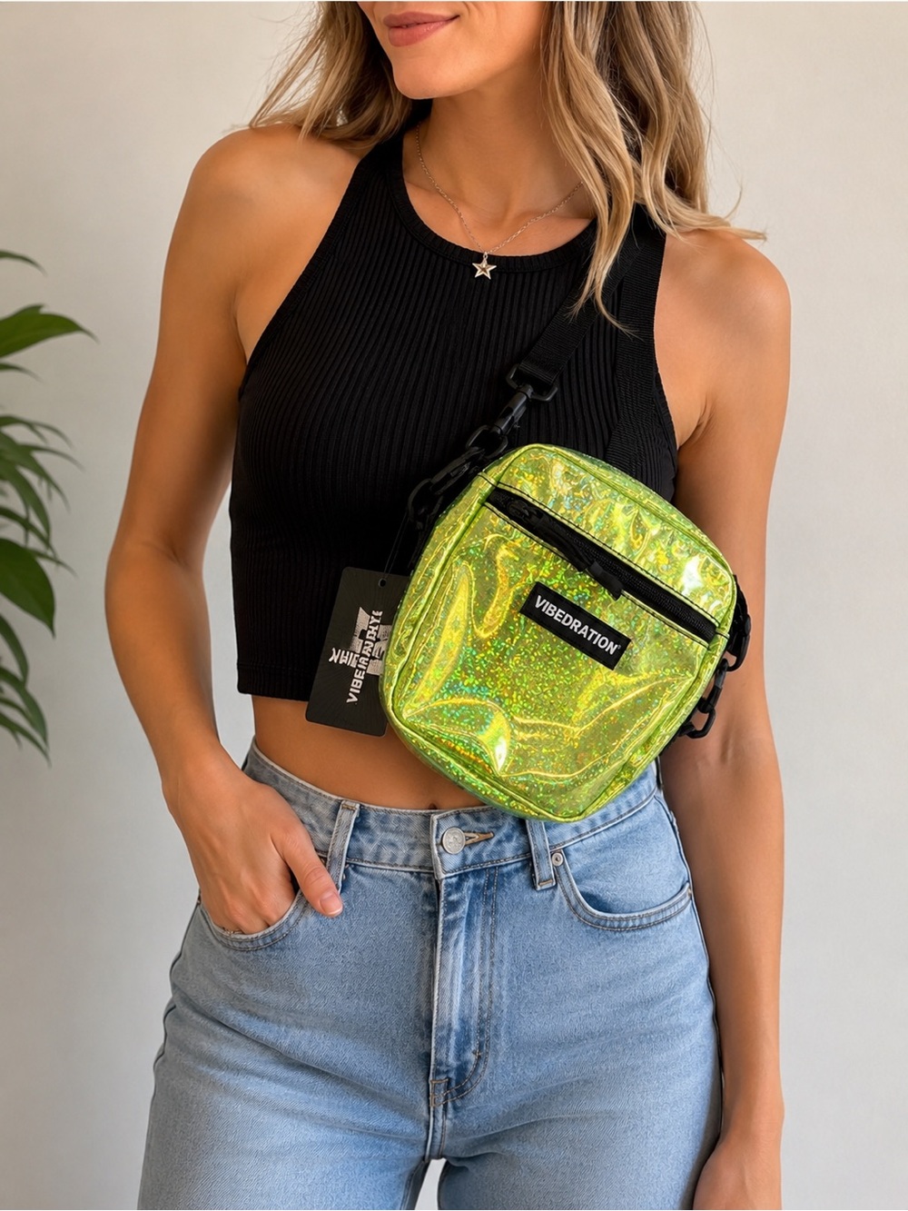 VIBEDRATION Holographic Lime Green Festival Crossbody Bag NWT